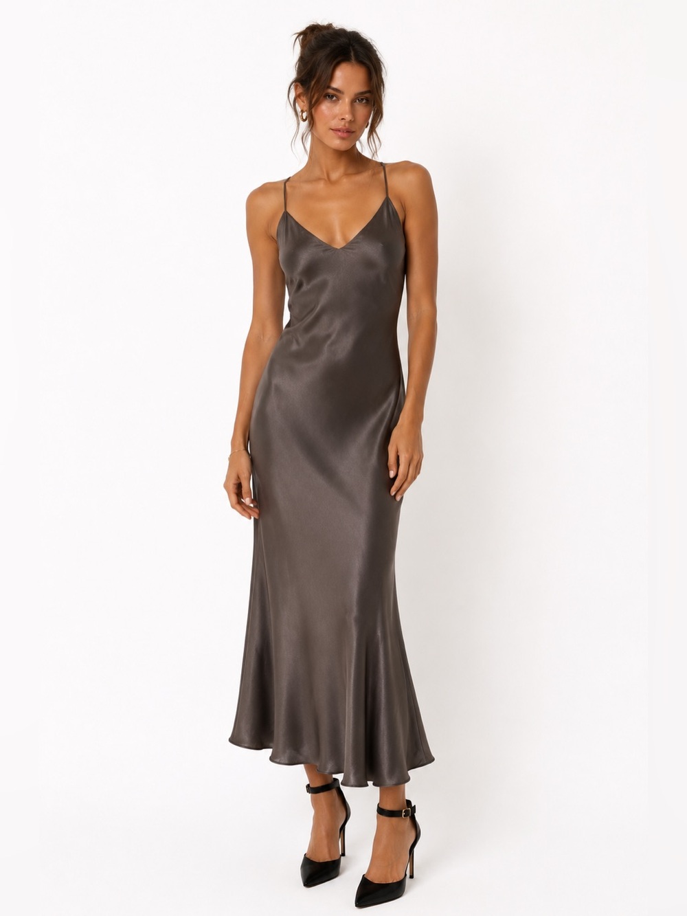 Zara Satin Maxi Slip Dress in Charcoal Brown
